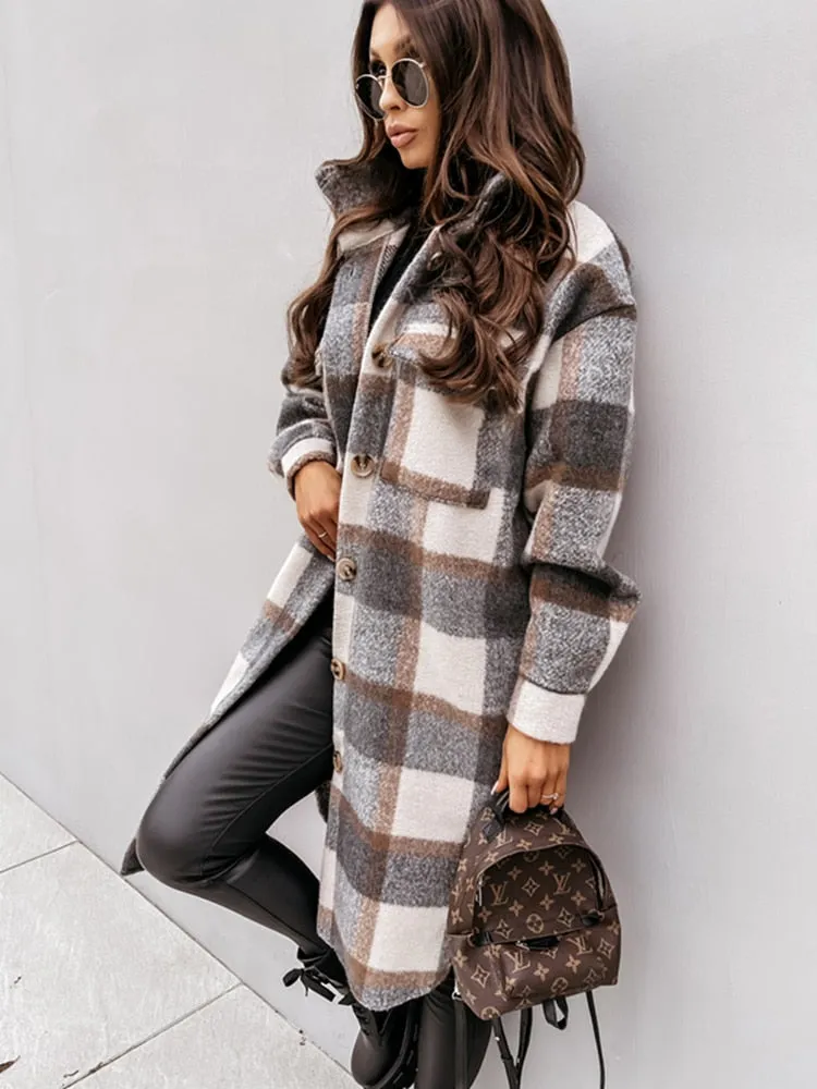 Woolen Plaid Print Retro Coat