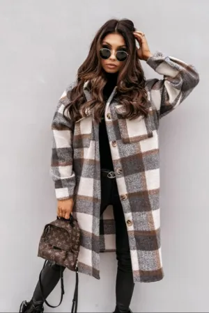 Woolen Plaid Print Retro Coat