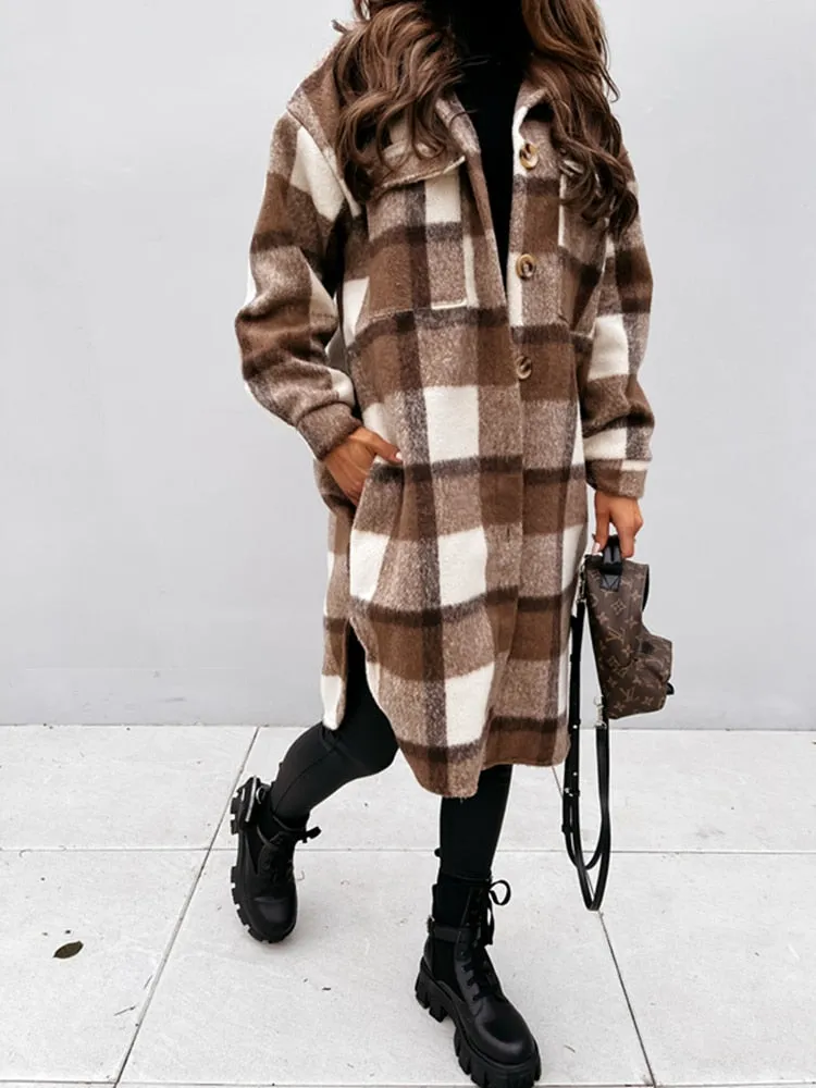 Woolen Plaid Print Retro Coat